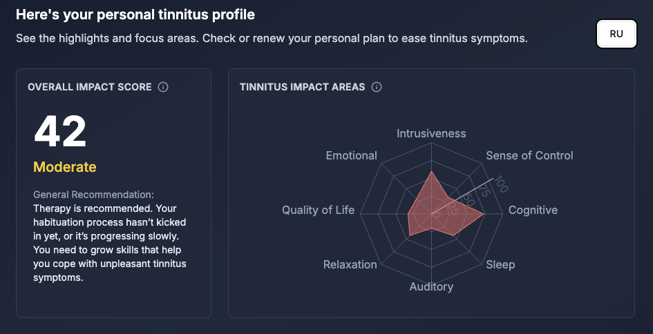 Tinnitus distress profile screenshot in Sonaura app